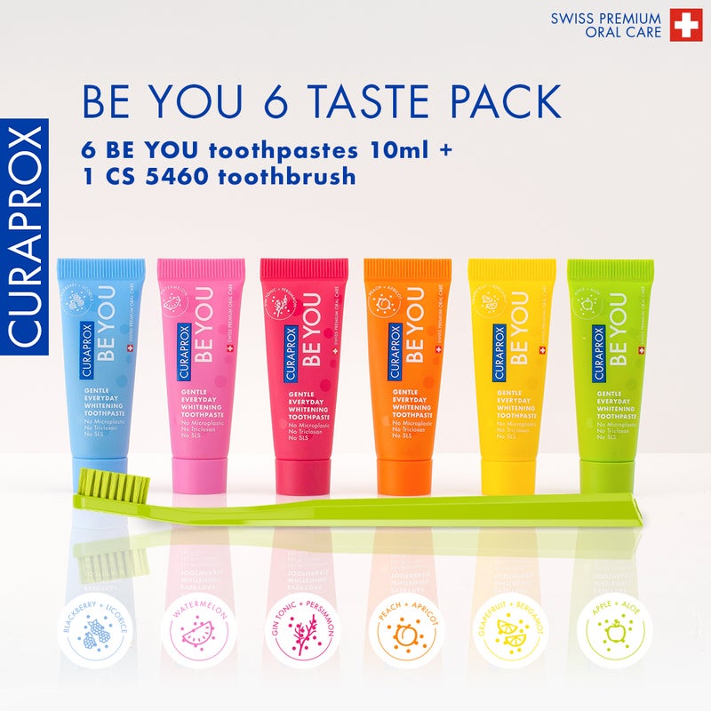 CURAPROX Be You Six-Taste-Pack | Mini Travel Size Toothpaste & Toothbrush Kit | Convenient, Eco-Friendly Oral Care Set for On-the-Go | Perfect for Travel - Image 2
